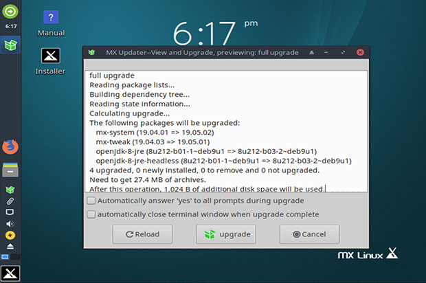 MX Linux Updater full system upgrade preview screen
