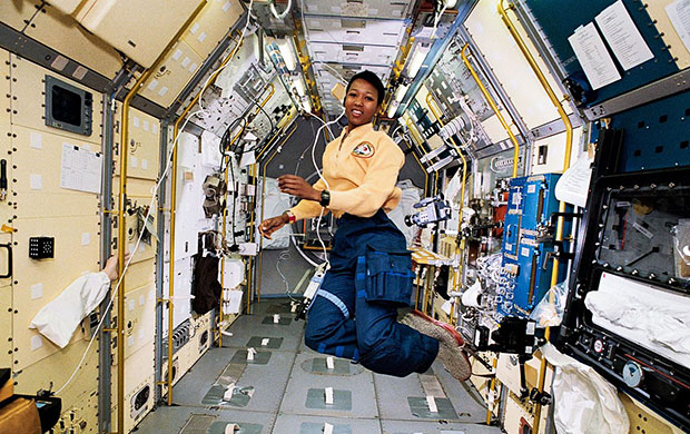 Former Astronaut Mae Jemison aboard the Spacelab Japan Module on Endeavour in 1992.
