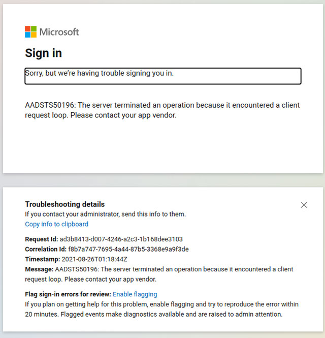 Microsoft sign in error
